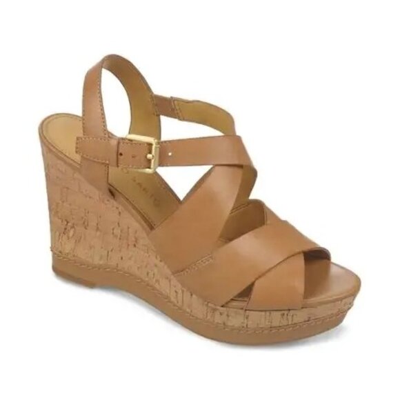 Franco Sarto Wedge Sandals With Straps & Cork Heel - Size 8 - Tan Leather Upper - Picture 12 of 12
